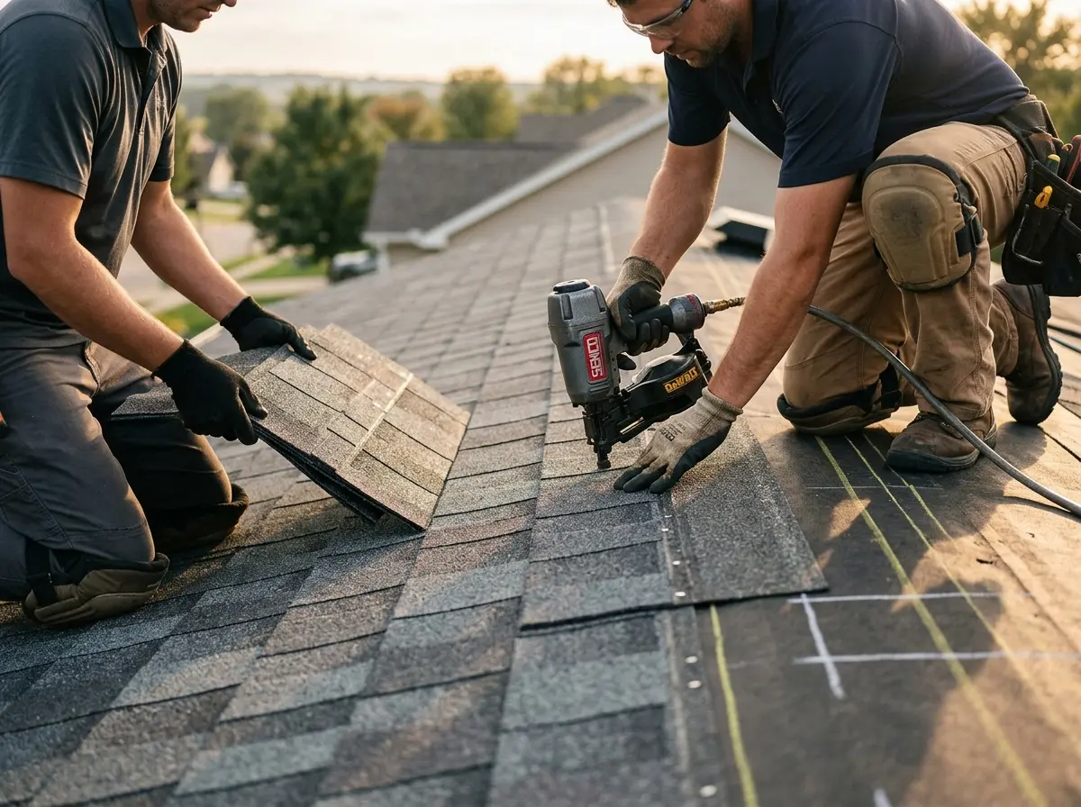 Professional roofer working on a residential roof in Coraopolis